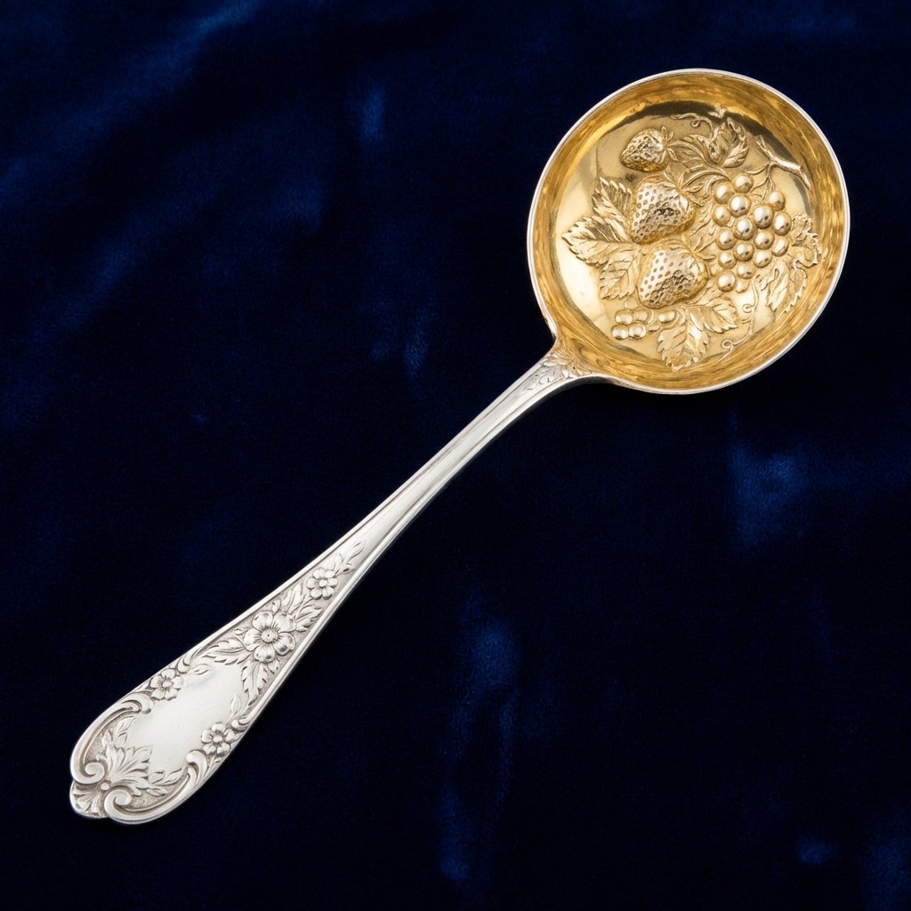 AI生成的维多利亚时期精美的浆果勺示意图,内壁镀金配以浮雕水果图案